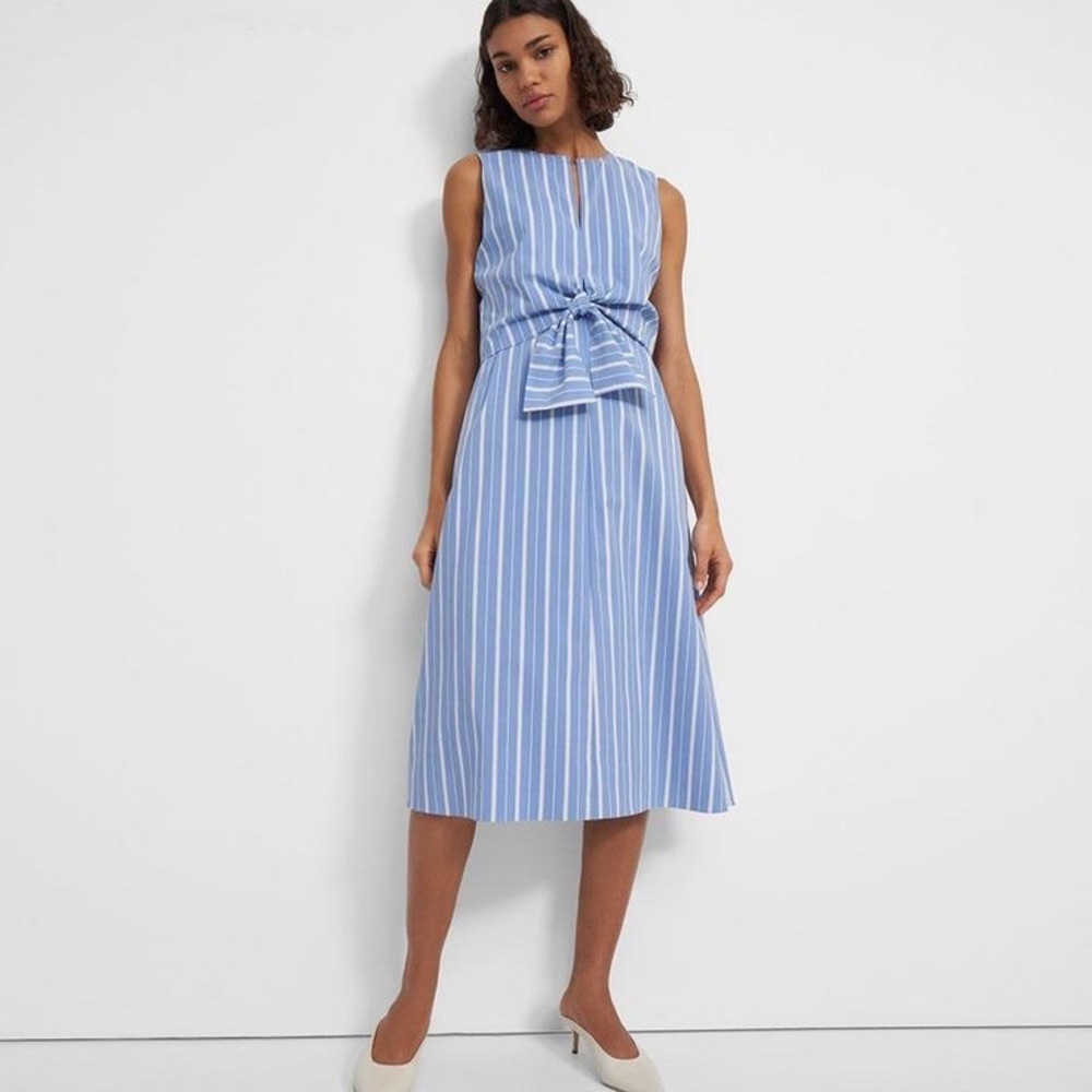Theory Stretch Cotton Blend Striped Tie Front Midi Dress